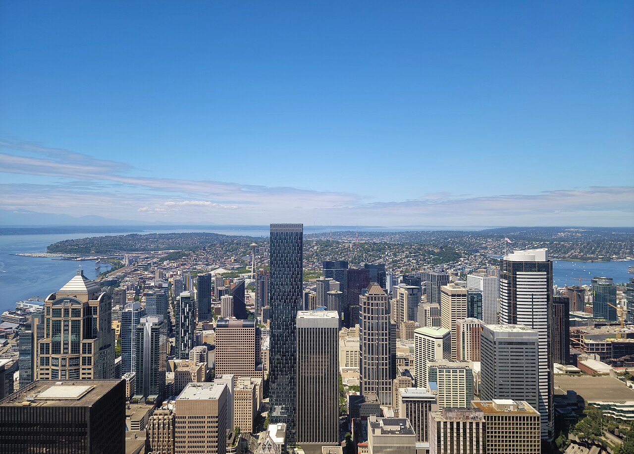 Downtown Seattle skyline and Elliott Bay on a clear day