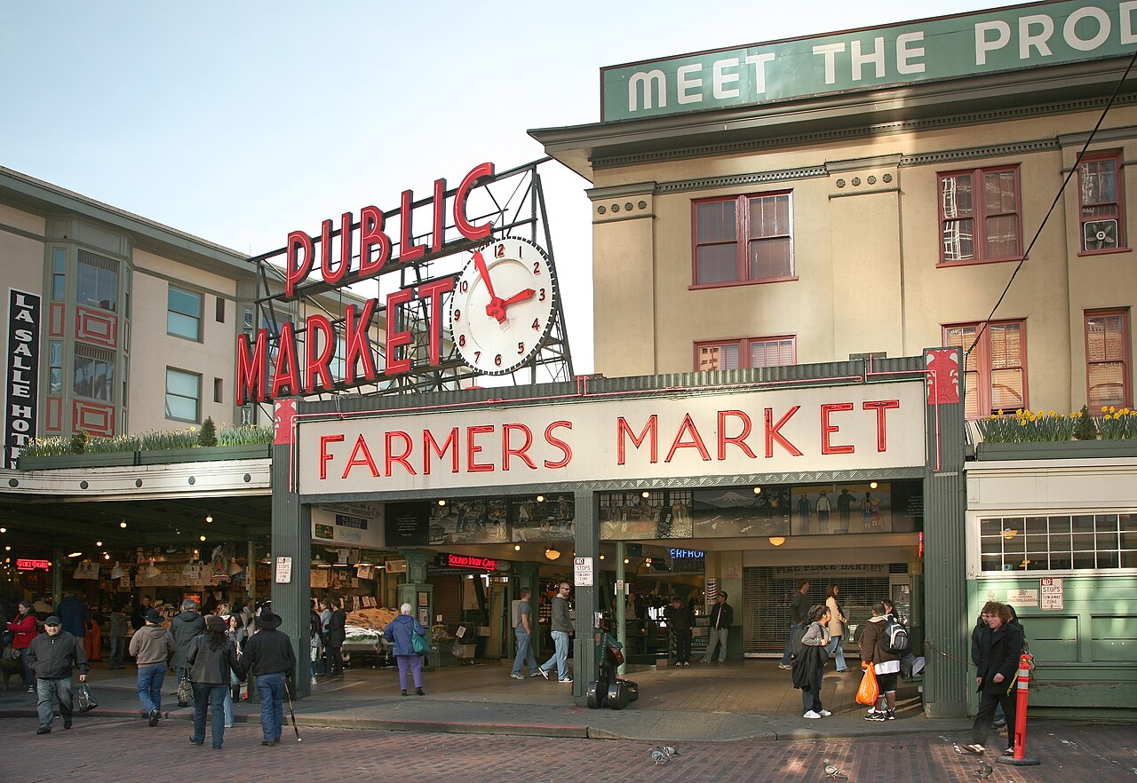 The Public Market sign and clock at Pike Place Market in Seattle